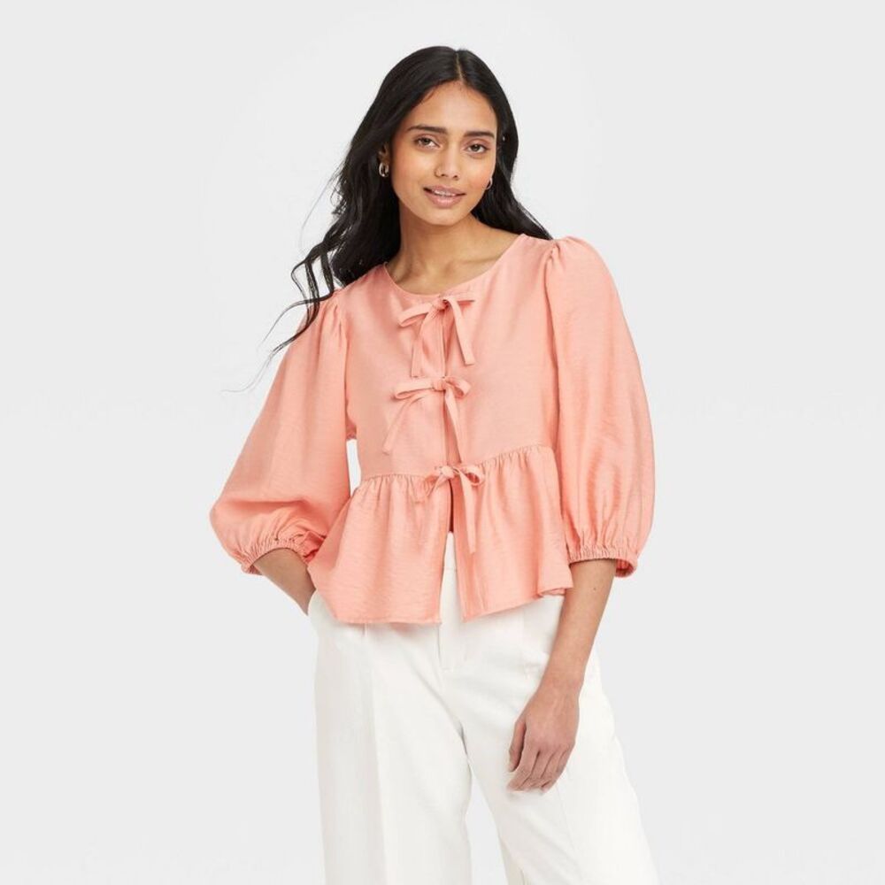 A New Day - Women's Elbow Sleeve Peplum Tie-Front Blouse - A N Pink - Picture 1 of 3